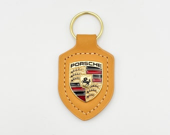 Porte-clés Porsche en cuir véritable avec emblème - Jaune