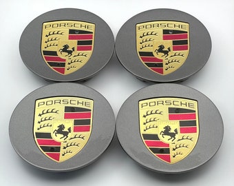 4x Tapacubos Porsche 911 Cayman Boxster Cayenne Panamera Macan - Gris - 76mm / 65mm