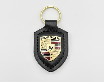 Porte-clés Porsche en cuir véritable avec emblème - Noir