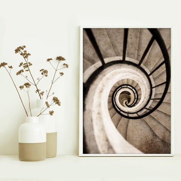 Spiral Staircase Stairs Wall Art | Black & White Decor | Photography Prints for Home Atmosphere | Living Dining Room Bathroom | A3 Size
