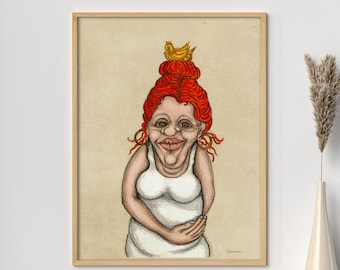 May include: A framed illustration of a woman with red hair and a white dress. She is wearing a crown with a small yellow bird on top. The woman has a large smile and is looking directly at the viewer.