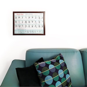 May include: A framed chart with the Hebrew alphabet, Aleph Bet, in black and white text. The chart includes the Hebrew letters, their transliteration, and their English names. The chart is framed in dark brown wood and is hanging on a white wall. A teal blue couch with black and green patterned pillows is in the foreground.