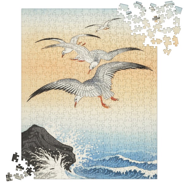 Kunst Puzzle, Fünf Möwen über turbulentem Meer von Ohara Koson, Japanische Kunst, Vintage Vogel Puzzle, Minimalistisches Dekor