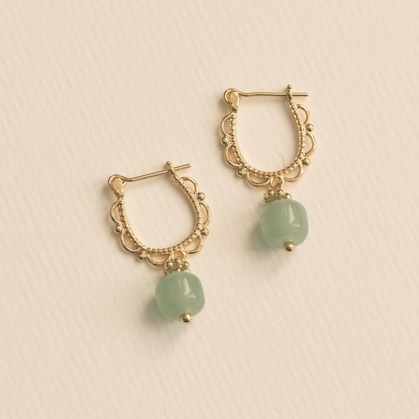 Gold jade earrings, jade dangling earrings, jade jewelry, green jade earring, drop jade earring, jade hoop earrings, jade studs, gold hoops