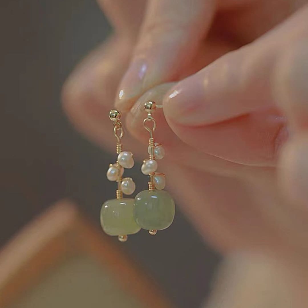 Gold Jade Earrings, Jade Dangling Earrings, Freshwater Pearl Jade