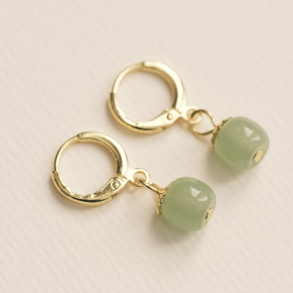 Gold jade bead earrings, jade dangling earrings, drop earrings, green jade earring, drop jade earring, jade hoop earrings, gold hoop