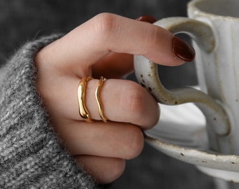 Gold wave ring, gold tube band ring, unique gold ring, minimalism ring, irregular shape band, stacking ring set, simple band, wedding ring