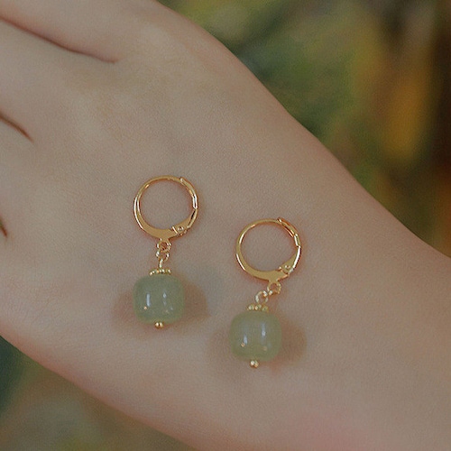 Gold Jade Bead Earrings Jade Dangling Earrings Drop Etsy