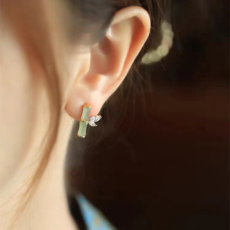 Jade Bamboo Earrings Jade Bamboo Stud Jade Jewelry Green Etsy