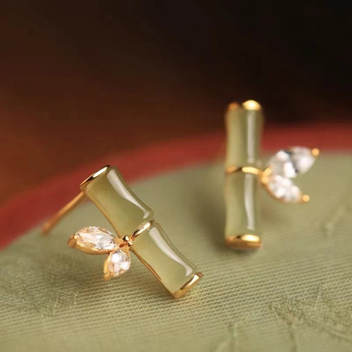 Jade Bamboo Earrings Jade Bamboo Stud Jade Jewelry Green Etsy