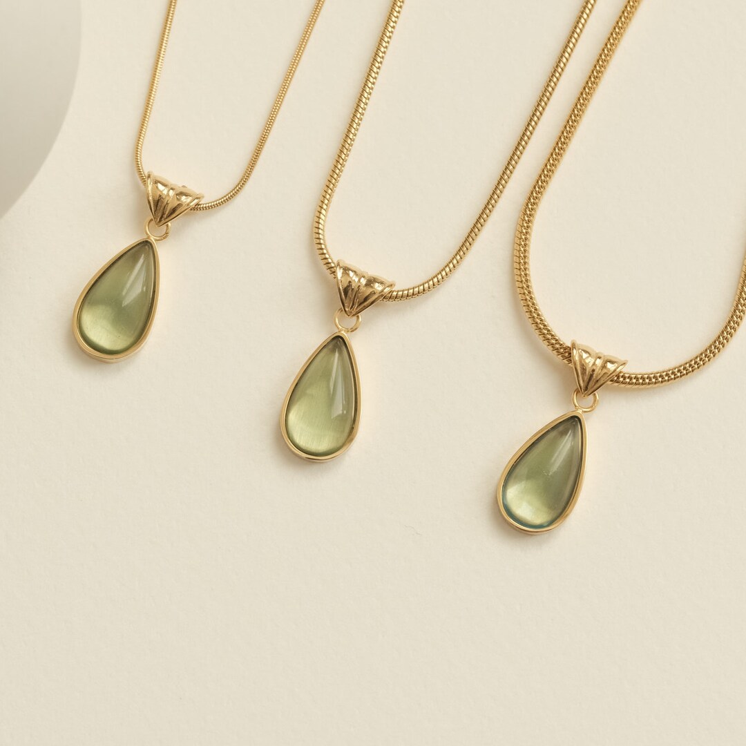 Gold Water Drop Crystal Necklace, Oliva Crystal Pendant, Turquoise Crystal Pendant, Natural