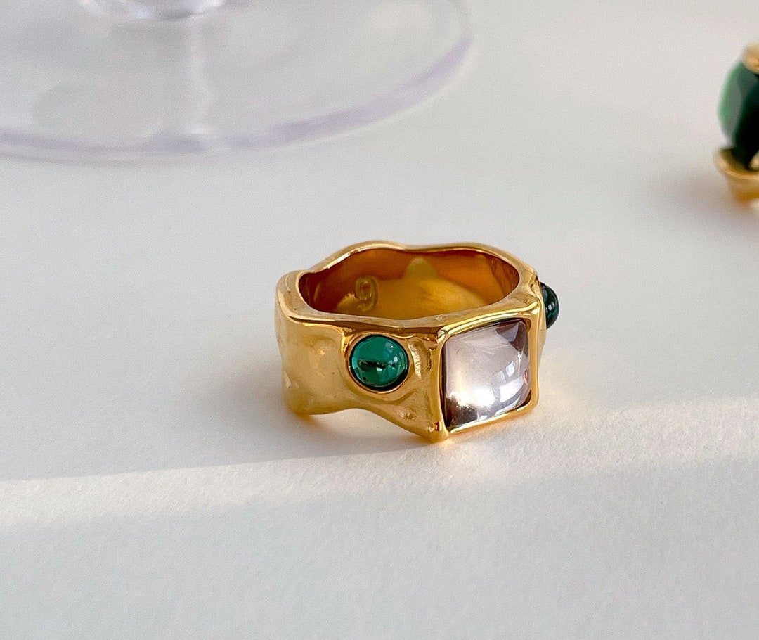 18K Gold Chunky Ring, Emerald Cz Ring, Gemstone Ring, Thick Ring, Gold