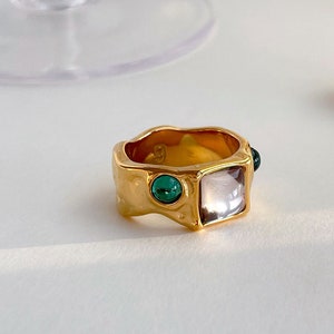 18K Gold chunky ring, emerald cz ring, gemstone ring, thick ring, gold ring, crystal ring, mother of pearl ring, waterproof ring, ring gift