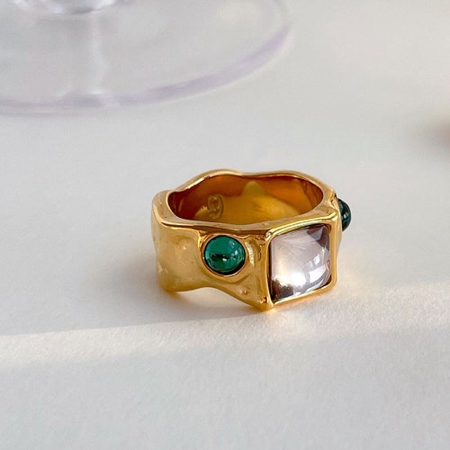 Bague épaisse en or 18 carats, bague émeraude cz, bague en pierres précieuses, bague épaisse, bague en or, bague en cristal, bague en nacre, bague étanche, cadeau bague