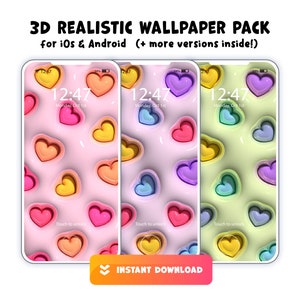 3D Hearts Phone Wallpapers (Set of 3), 3D Splash Screen, Wallpaper for Android, Wallpaper for iPhone, Phone Screensaver, Inflated art