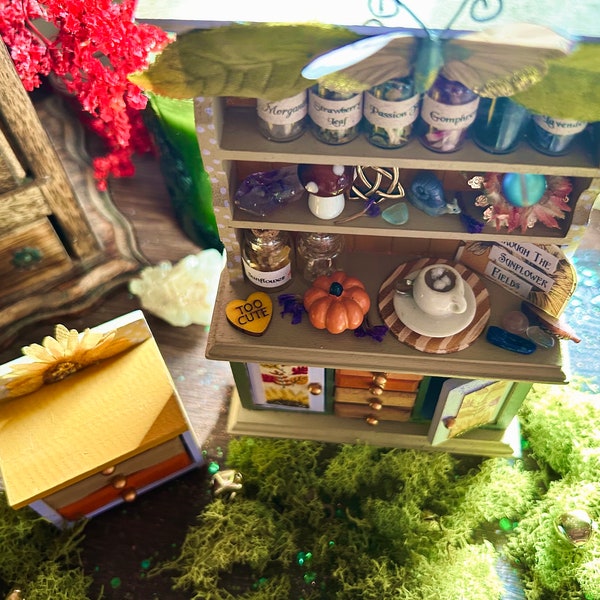 Mini sunflower Fairy Apothecary hutch, Fairy furniture, fairy Altar Decor, Autumn fairy, mini Herbs & crystals, dollhouse furniture, dresser
