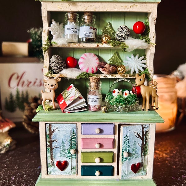 Miniature Winter Fairy Cabinet, Fairy Hutch, Dollhouse furniture, Miniature Christmas cabinet, winter decor, Fairy Apothecary