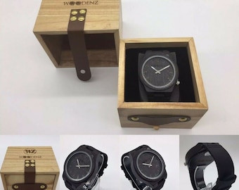Men's Handcrafted Ebony Wood Watch, Japanese Miyota Quartz, Real Leather Strap
