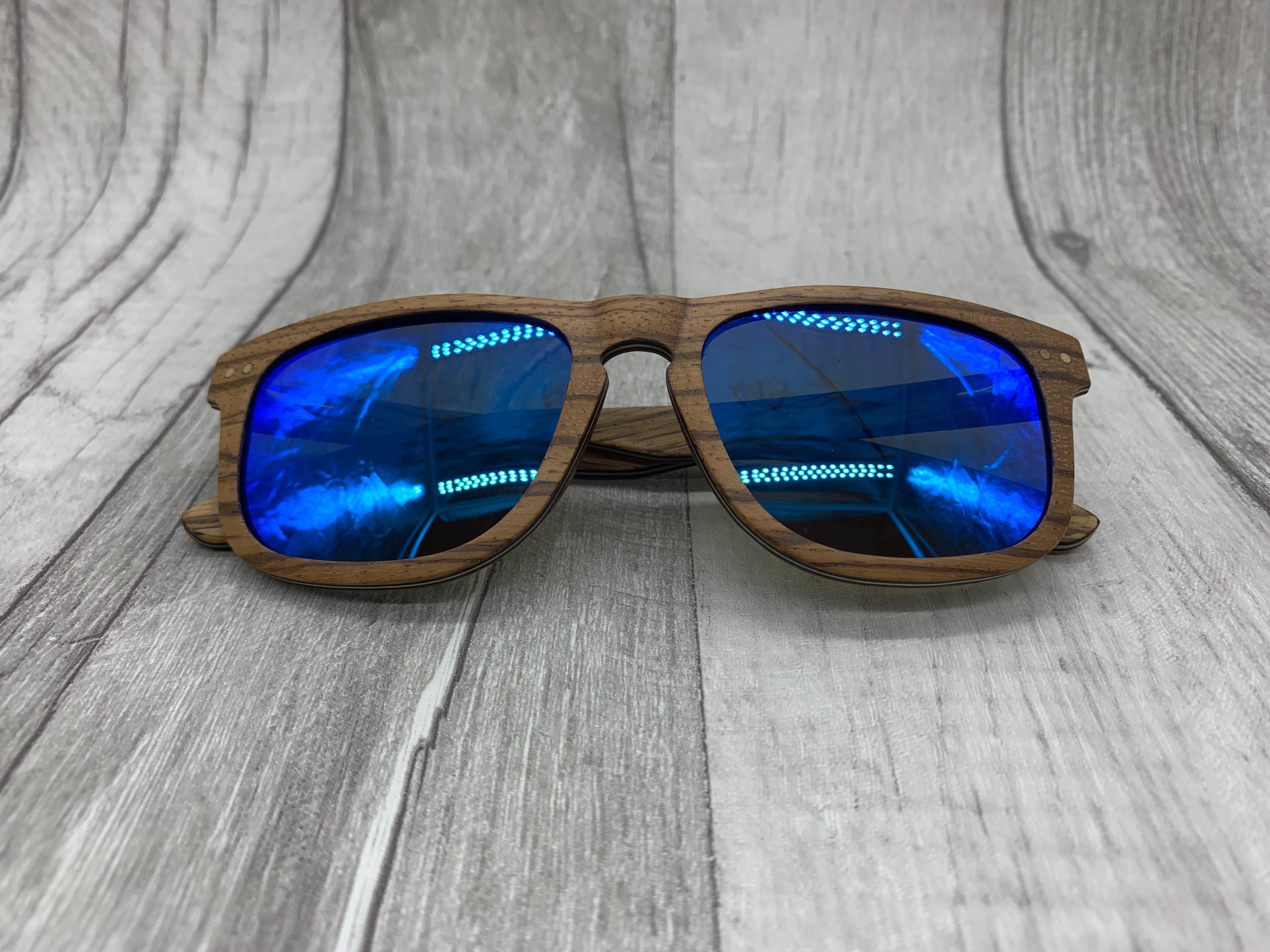 Occhiali Da Sole Uomo In Legno Ebano E Denim Blu, Lenti Polarizzate Specchio TAC UV400