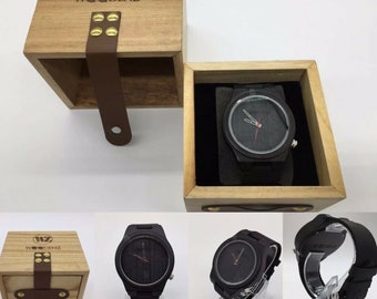 Montre en bois d’ébène fabriquée à la main pour homme, quartz japonais, bracelet en cuir véritable