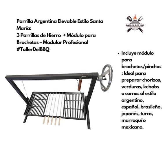 Parrilla Argentina Grill Elevable Estilo Santa María  | Set 3 Parrillas de Hierro  | Módulo para Brochetas |  #TallerDelBBQ