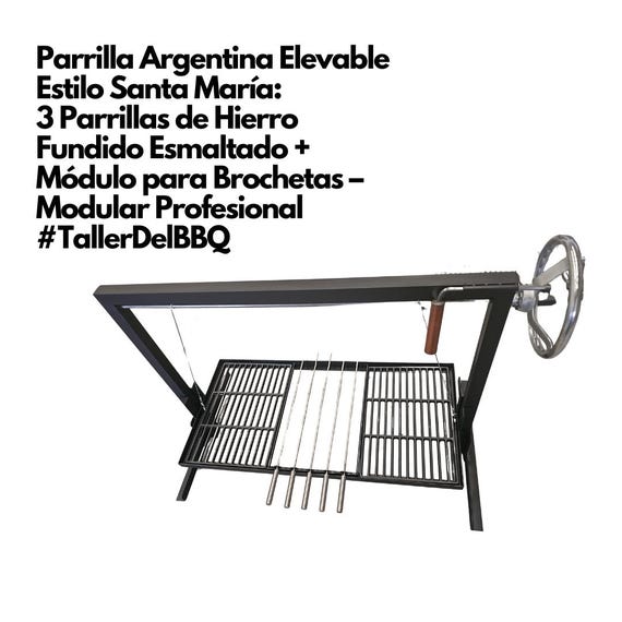 Parrilla Argentina Elevable Estilo Santa María  | Set 3 Parrillas de Hierro Fundido Esmaltado | Módulo para Brochetas |  TallerDelBBQ