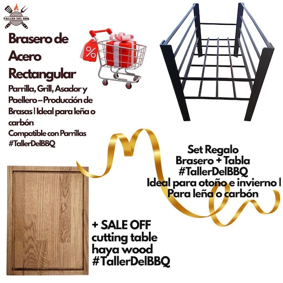 Brasero de Acero Reforzado + Tabla de Madera de Haya Personalizada | Set Regalo Temporada #TallerDelBBQ | Ideal para leña o carbón