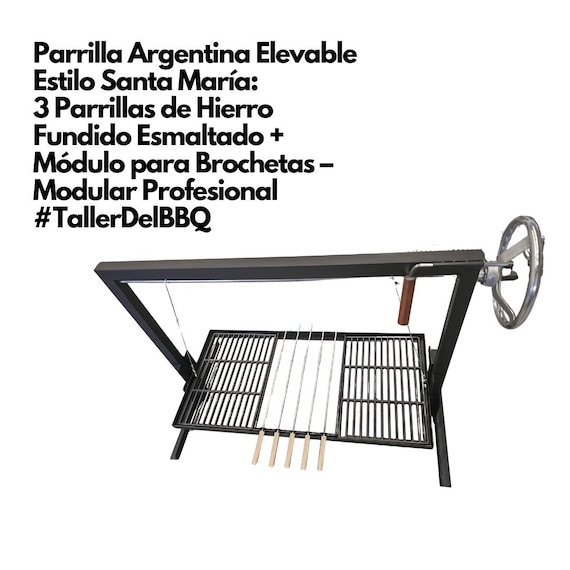Parrilla Argentina Elevable Estilo Santa María  | Set 3 Parrillas de Hierro  | Módulo para Brochetas |  TallerDelBBQ