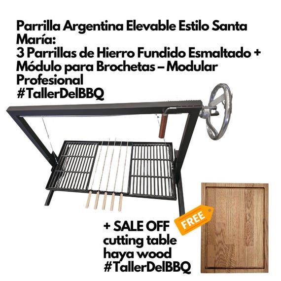 SET OFFER: Parrilla Argentina Elevable Estilo Santa María | 3 Parrillas de Hierro  | Módulo para Brochetas  + Tabla de Madera Artesanal