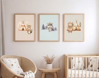 Tribal Animals Nursery Art Prints, Boho Baby Room Decor (Digital Download)