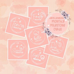 Cartes d'étapes mensuelles pour bébé en rose corail - Imprimable en téléchargement numérique pour la première année de bébé