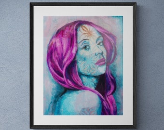 Wall Decor Art Prints - 'What's Your Name?' Magenta & Blue Wall Art - Portrait of Woman - Art Prints for Your Home