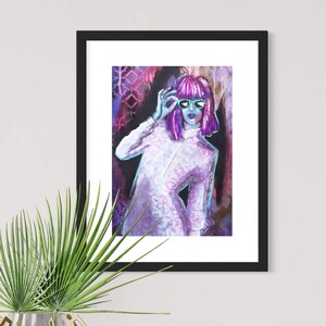 Oryginalny obraz kobiety na papierze - „Checking You Out” Oryginalna dekoracja ścienna - Różowy, czerwony, fioletowy - A3 (29,7 x 42 cm) - Papierowa sztuka ścienna