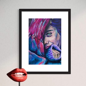 Original Painting of a Woman on Paper - &#39;Sweater Weather&#39; Original Art Wall Decor - Blue, Pink, Purple - A3 (29.7 x 42cm) - Paper Wall Art