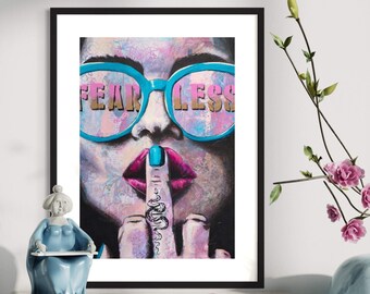 Fear Less Art Print: Woman Portrait, Pink & Blue Wall Decor