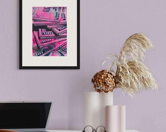 Pop Art Gemälde von Geld auf Papier - 'Slimline' Original Kunst Wand-Dekor - Pink und Schwarz glitzernd - A4 (21x29,7 cm) - Papier Wand Kunst