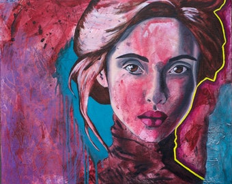 Abstraktes Portrait: Rotes Acrylbild in Mischtechnik, 50 x 60 cm
