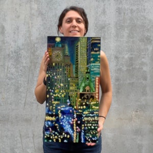 Original Oil Painting of New York City at Night, Yellow, Blue & Green, 12&quot; x 24&quot; Painting on Canvas Panel