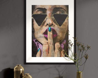Original Gemälde einer Frau auf Papier - 'Shhh' Original Kunst Wand-Dekor - Braun, Schwarz - A2 (59,4 x 42 cm) - Papier Wand Kunst