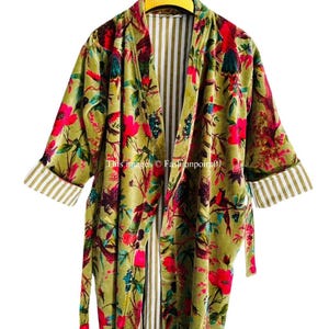 OFMD Bird Velvet Banyan Fabric Kimono Cotton Velvet Robe Long, Original OFMD break up robe Printed Kimono, Long Velvet Robe