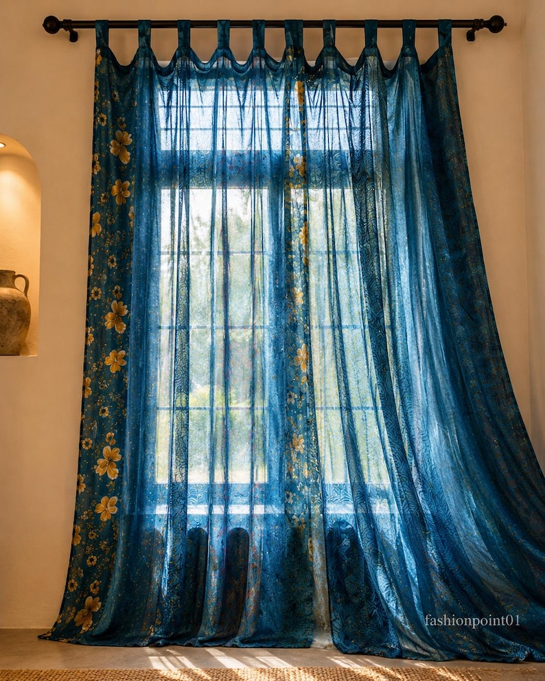 Vintage Silk Sari Curtain, Boho Window Curtain, Handmade Patchwork Curtain Panel, Indian Silk Window Treatment, Tab Top Door Curtain Turquoise