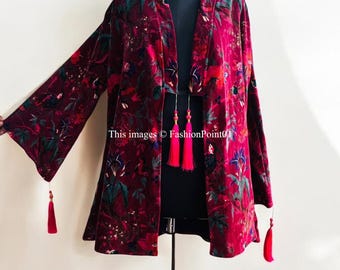 Handmade Indian Bird Print Velvet Kimono Robe: Cotton Banyan Jacket