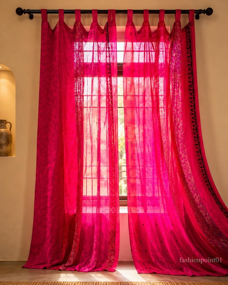 Vintage Silk Sari Curtain, Boho Window Curtain, Handmade Patchwork Curtain Panel, Indian Silk Window Treatment, Tab Top Door Curtain Pink