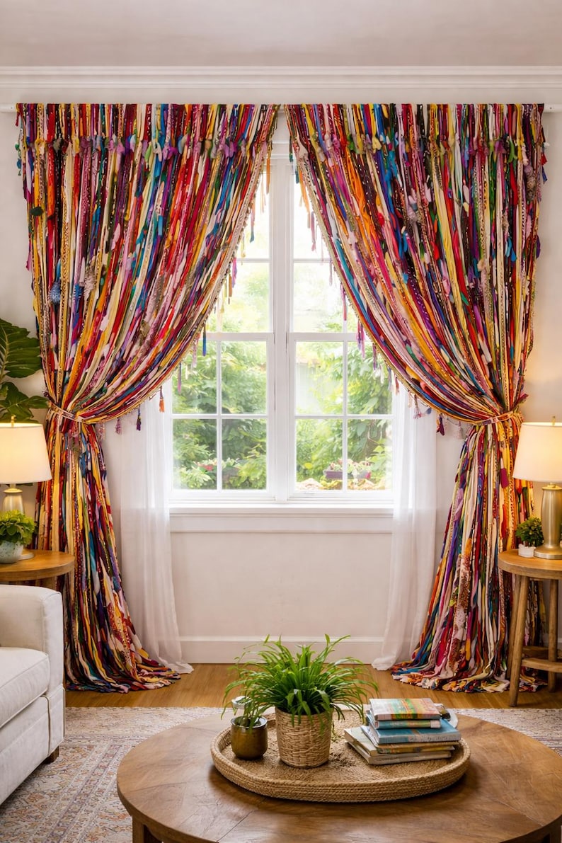 Puede incluir: Cortinas coloridas de estilo bohemio con tiras verticales de tela en varios colores, incluyendo rojo, amarillo, azul y morado. Las cortinas est&aacute;n atadas con cuerdas y tienen borlas. La ventana est&aacute; enmarcada en blanco.