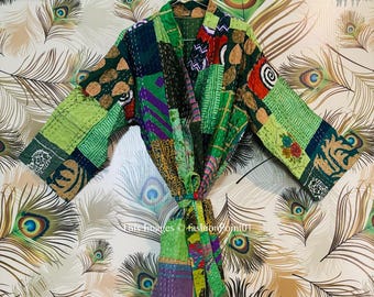 Handmade Green Kantha Quilted Kimono Robe: Patchwork Cotton Jacket