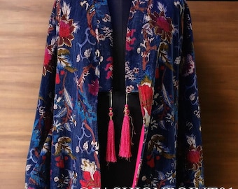 OFMD Bird Print Velvet Kimono Robe: Soft Cotton Banyan with Tassels