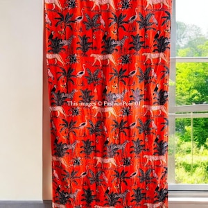 Orange Velvet Curtain: Indian Jungle Print, Blackout Drapes