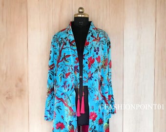 Turquoise Bird Velvet Kimono Robe: OFMD Inspired Cotton Banyan