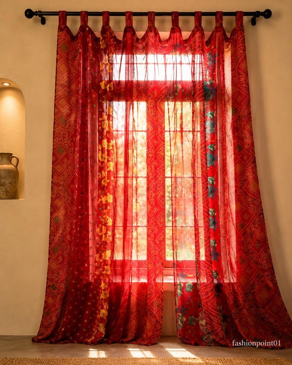 Vintage Silk Sari Curtain, Boho Window Curtain, Handmade Patchwork Curtain Panel, Indian Silk Window Treatment, Tab Top Door Curtain