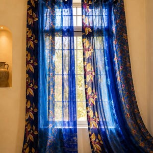 Vintage Silk Sari Curtain, Boho Window Curtain, Handmade Patchwork Curtain Panel, Indian Silk Window Treatment, Tab Top Door Curtain Blue